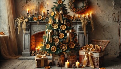 Rustic Christmas fireplace with golden tree decorations and dried orange slices