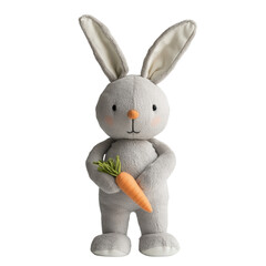 Obraz premium A cute, plush gray rabbit with long ears, holding a small carrot, showcasing a friendly expression and inviting design