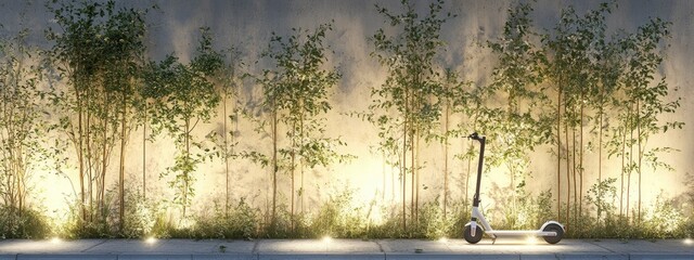 Electric scooter charging station powered by solar panels, sleek urban design, soft white light illuminating the area