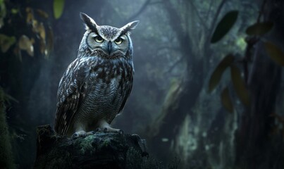 Owl perched on a mossy stump in the forest.