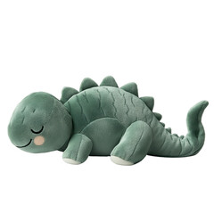 A cute, green dinosaur plush toy with a friendly expression, featuring rounded features and a soft texture, perfect for cuddling and decoration.