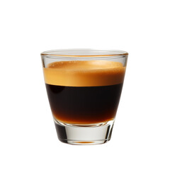 A layered espresso shot served in a clear glass, showcasing a rich black base with a golden crema on top, highlighting the drink's texture and color contrast