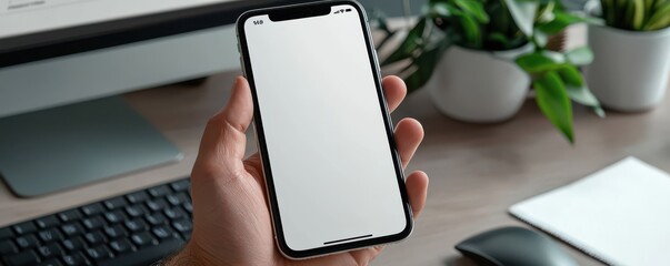 Close-up of a hand holding a smartphone with a blank screen, in front of a desktop workspace with a keyboard and plants