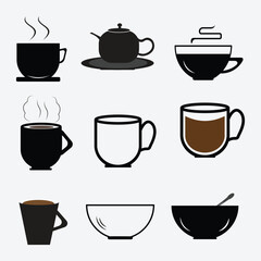 Silhouette cup set. Silhouette coffee cup set. Tea cup set vector. Cup set line art.  silhouette teapot and mug design