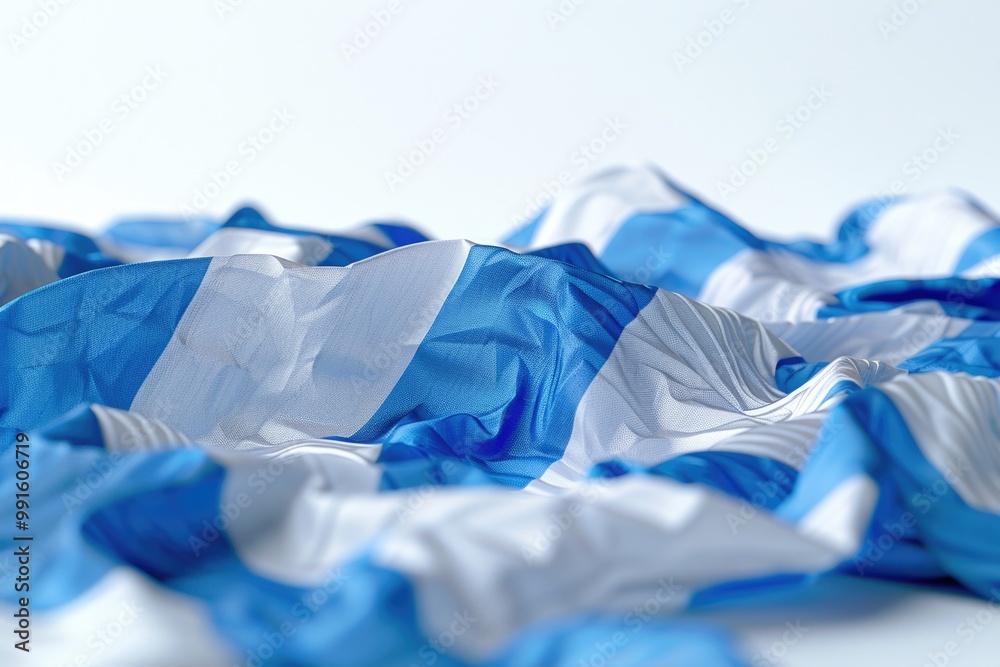 Poster a messy pile of blue and white fabric on a table, ideal for use in textile design or crafting projec