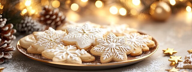 Fototapeta premium Frosted Christmas cookies in the shape of snowflakes, delicate icing designs, placed on a festive plate, soft yellow light
