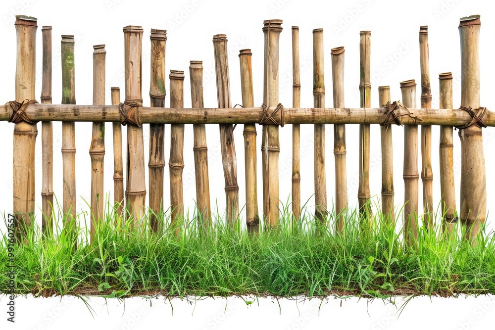 Poster a simple yet elegant fence made from bamboo sticks surrounded by lush green grass, ideal for use in 