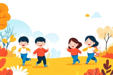 Fototapeta premium Children running joyfully in a colorful autumn landscape, white isolate background.
