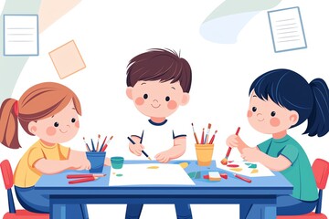 Children engaging in creative activities with art supplies at a colorful table.
