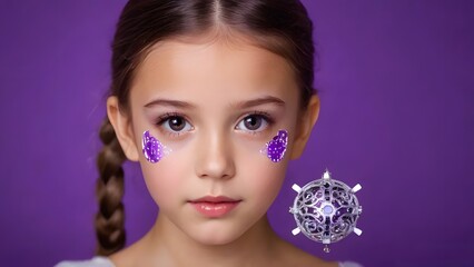 Fototapeta premium Portrait of a girl with artificial intelligence on a Purple Background