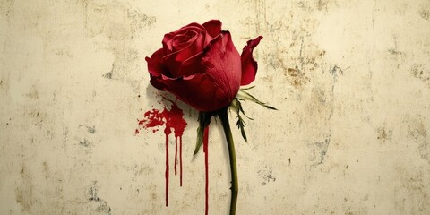 Red Ink Drip Rose. Abstract Floral Illustration in Watercolor Style