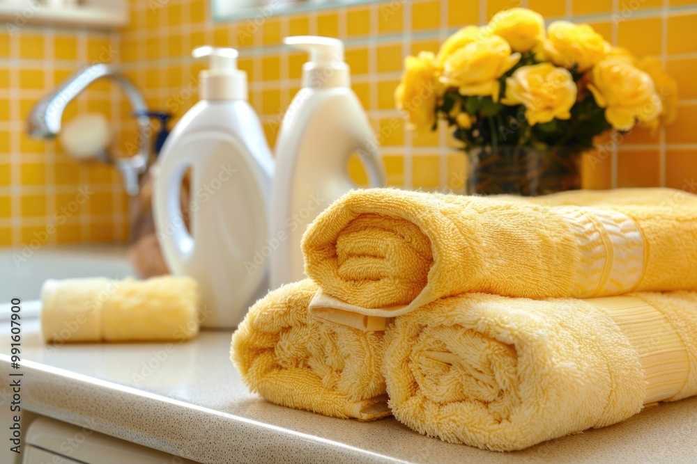 Poster a stack of yellow towels on a countertop