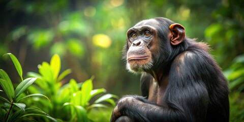 Obraz premium Contemplative chimpanzee thinking deeply in lush green habitat with nature scenery