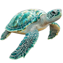 Fototapeta premium A beautifully illustrated turtle gliding through water, showcasing vibrant turquoise and green colors on its shell and skin, highlighting its graceful demeanor and aquatic habitat