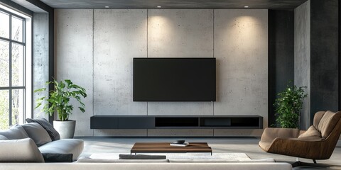 Sleek TV Cabinet in Contemporary Living Room with Concrete Wall