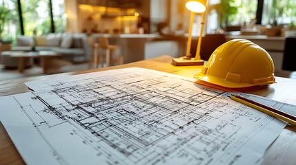 A highly detailed architectural plan spread out on a table, with pencils and a yellow hard hat resting beside it. The soft glow of a desk lamp enhances the precision of the technical drawing.