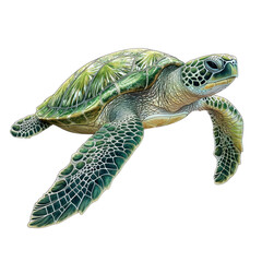 Fototapeta premium A detailed illustration of a green sea turtle gracefully swimming, showcasing intricate patterns and vibrant colors on its shell and body