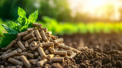 Pile of biomass wood pellet on a blurred nature background with copy space, eco-friendly biofuel pellets made from agricultural waste, and it is an alternative fuel to replace coal. Generative AI