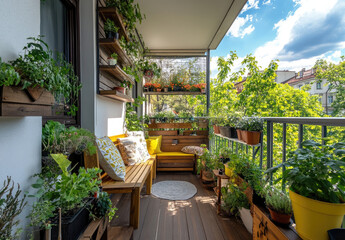 Design an apartment balcony with wooden furniture, yellow and white colors, potted plants, and shelves for outdoor living space ideas.