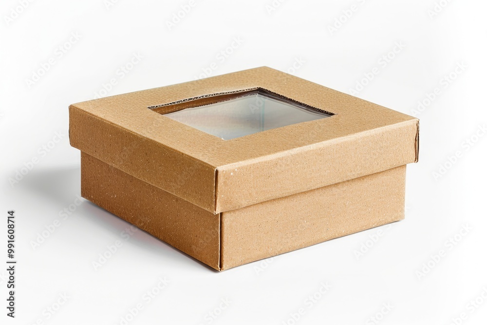 Poster A simple cardboard box with a transparent window, placed on a clean white surface