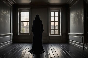 silhouette of a person in an abandoned building