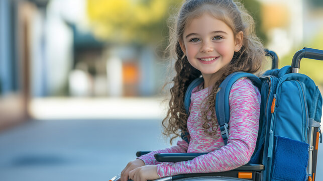 Happy little girl in a wheelchair with a backpack, smiling at the camera, with a school background and copy space for the text.