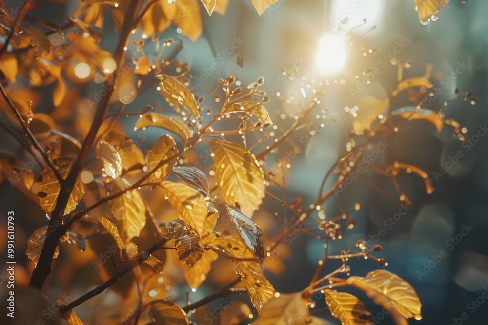 Poster A tree with dappled sunlight shining through its leaves, highlighting the intricate patterns and textures