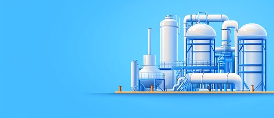 Industrial facility with large storage tanks and pipes against a blue backdrop.