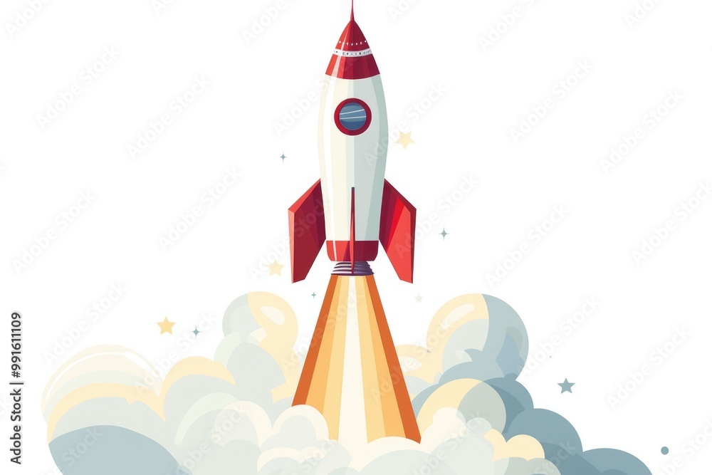 Poster A red and white rocket soaring through the sky, ideal for use in space or technology-related themes