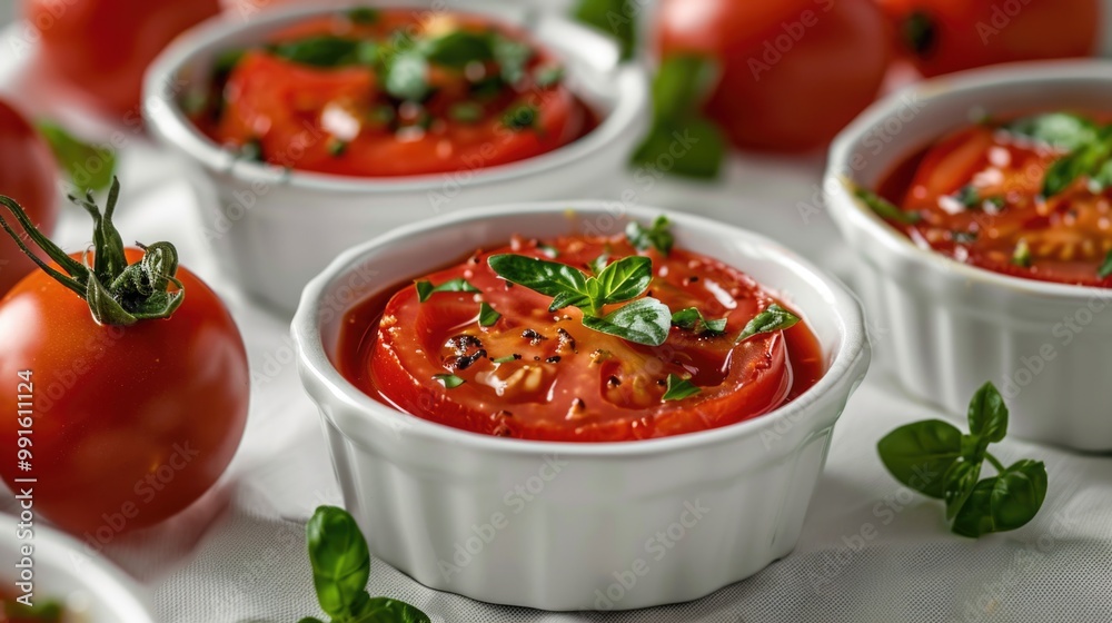 Poster A table set with bowls of warm tomato soup, ready for serving