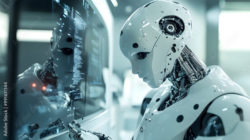 Poster a white humanoid robot examining code on a computer screen
