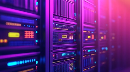 Modern server room with illuminated racks and colorful lights.