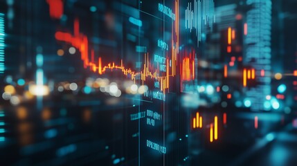 Complex data visualization in a modern urban environment showcasing digital analytics and stock market trends during night time