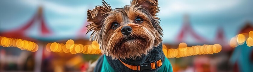 Naklejka premium A playful and curious dog showcases personality in a vibrant outdoor festival setting, capturing hearts with its adorable gaze.