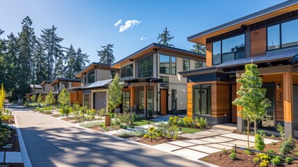 A row of modern houses with green lawns and trees on a sunny day.