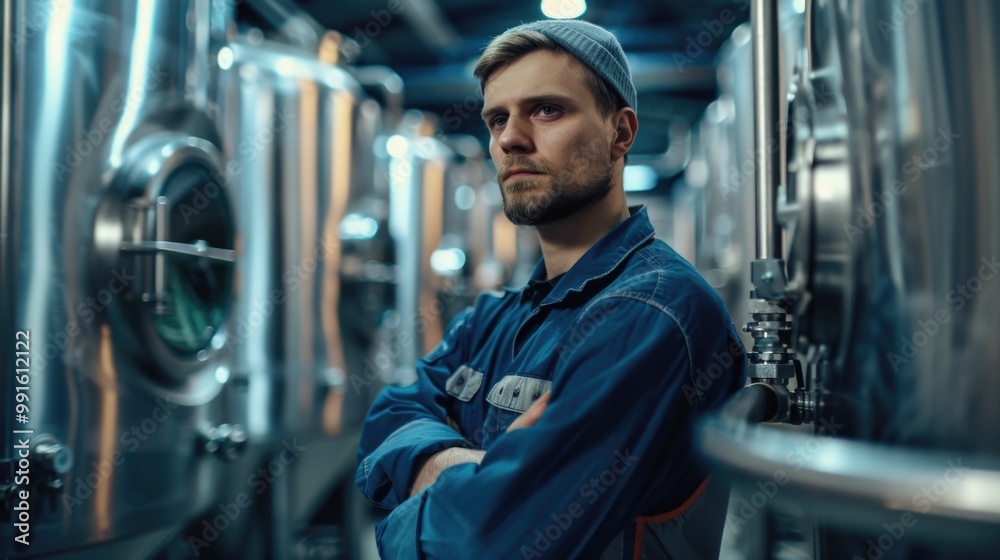 Poster a worker stands in front of a row of stainless steel beer tanks, ready to start the brewing process