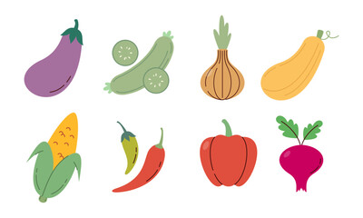 Flat Set Hand Drawn Healthy Food Illustration of Vegetables Vector Isolated on White Background