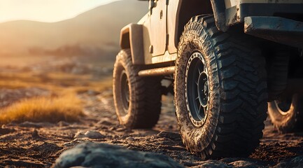Close-up of off-road tires on an overland vehicle, set against the backdrop of rugged terrain, symbolizing adventure and exploration in nature