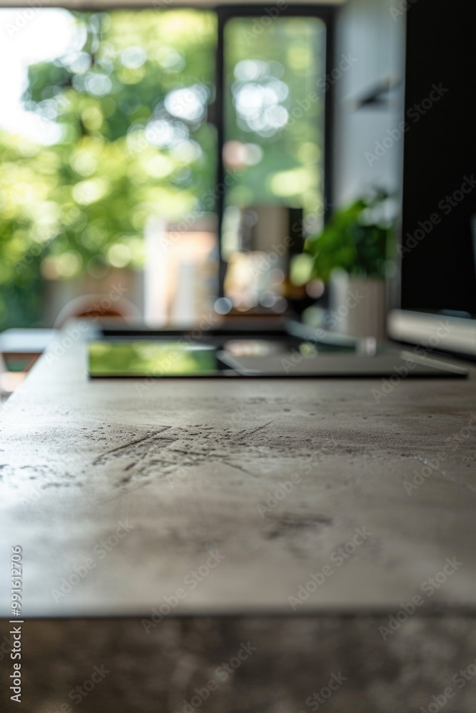 Poster A person is working on a tablet computer placed on a wooden table