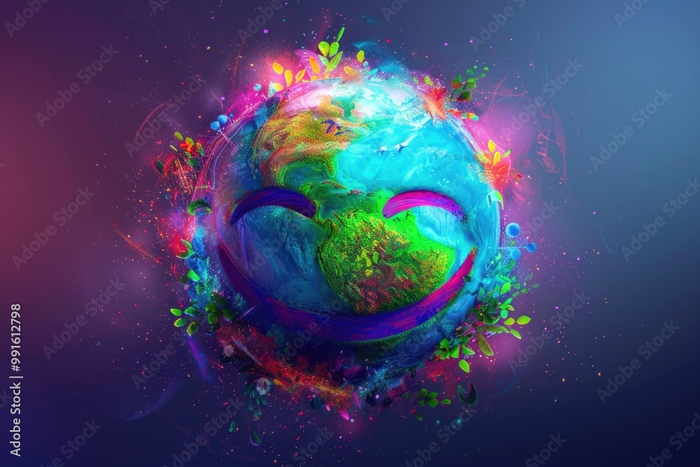 Poster a colorful planet with a vibrant rainbow swirling around it, great for use in designs related to spa