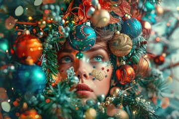 A woman wearing festive headgear with Christmas decorations