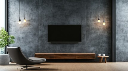 Modern Living Room with Concrete Wall, TV, and Stylish Furniture
