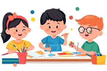 Three children enjoying arts and crafts at a colorful workspace.