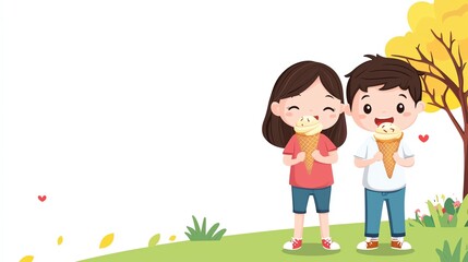 Obraz premium Two children enjoying ice cream on a sunny day in a cheerful outdoor setting.