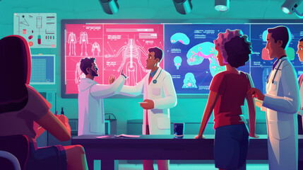 A medical school where textbooks come to life, with animated diagrams and characters that teach students through interactive lessons