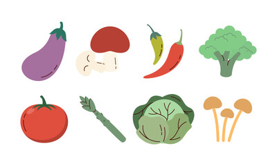Flat Set Hand Drawn Healthy Food Illustration of Vegetables Vector Isolated on White Background