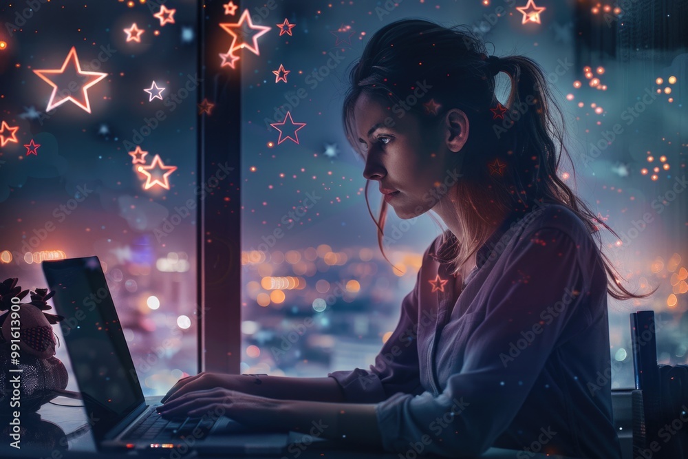 Poster a person sitting at a desk with a laptop and working on it