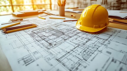 A minimalist architectural workspace showing a close-up of a precise technical blueprint, with scattered pencils and a yellow hard hat resting on the desk.