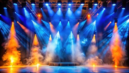 Enchanting Stage Performance with Blue and Orange Smoke Night Lightning in Fog Searchlight Beams for Event and Entertainment Backgrounds