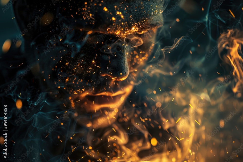 Poster a close-up shot of a person's face with flames burning in the background